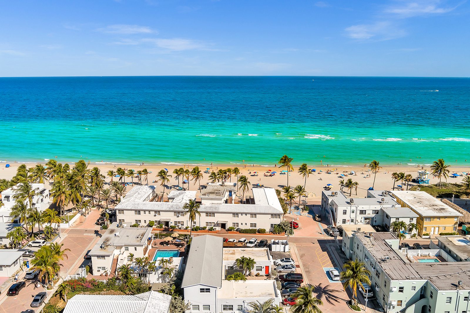 The beach and the Broadwalk at Hollywood Beach from above, with the hotels a short walk back from the sand