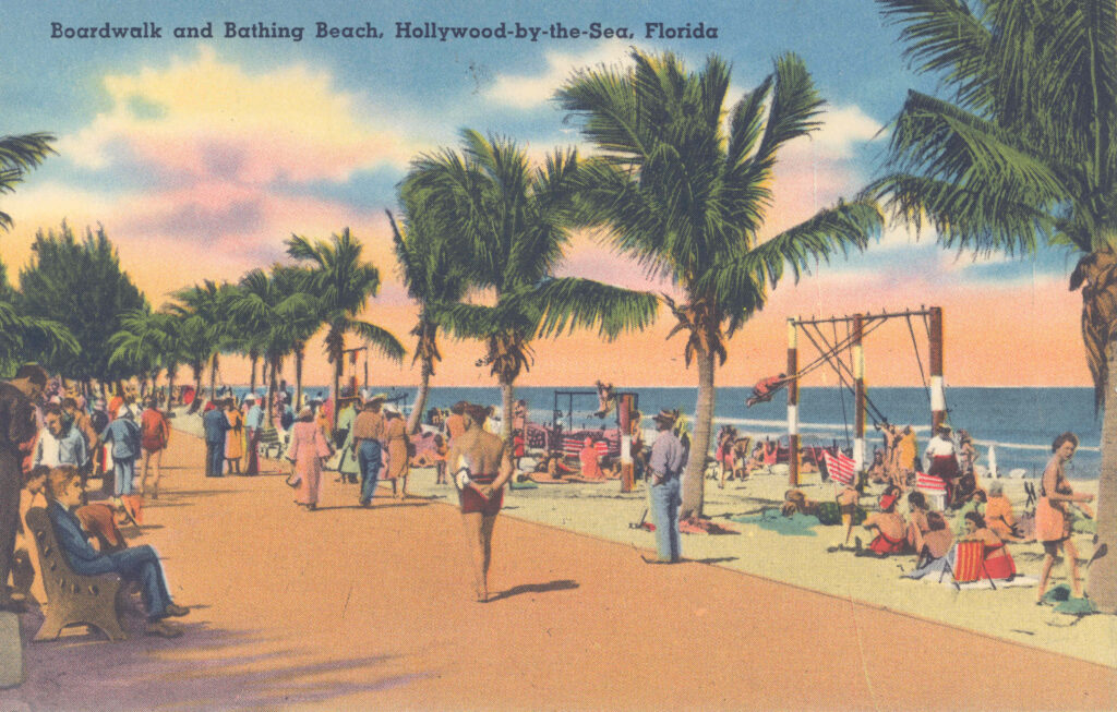 Hollywood Beach's captivating history - people walking on the coast line of Hollywood Beach Florida 1930's